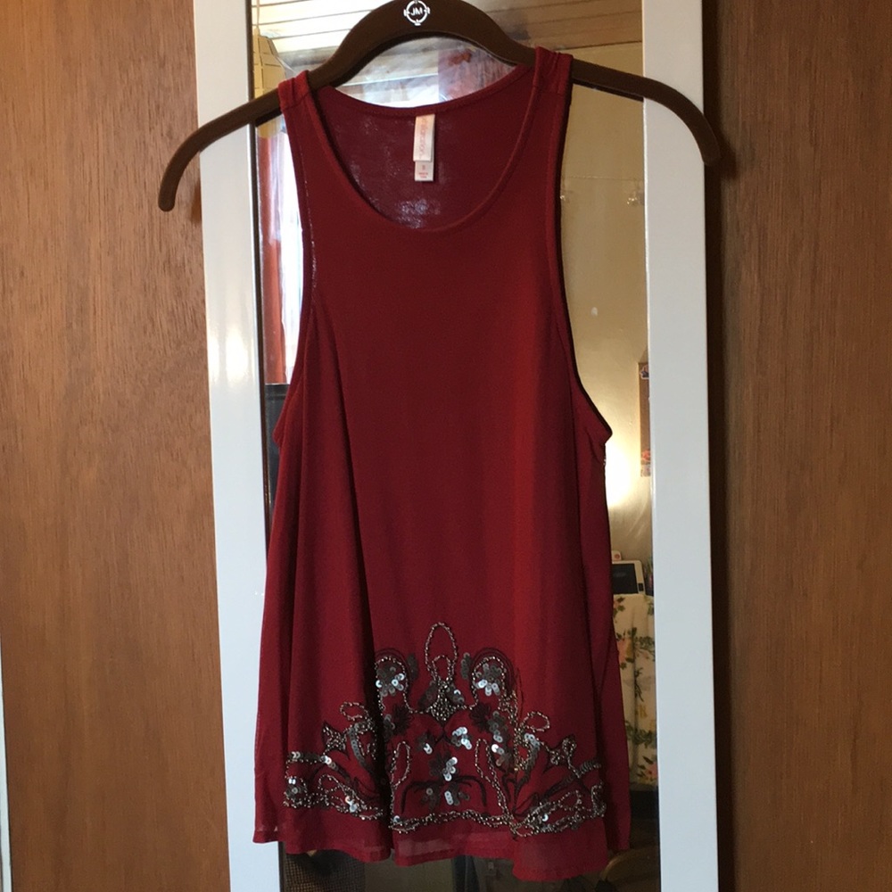 Dark Red Mesh Tank with Beaded detail
